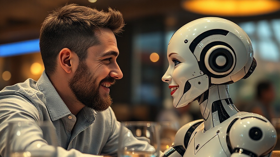 A man and a female robot in a restaurant